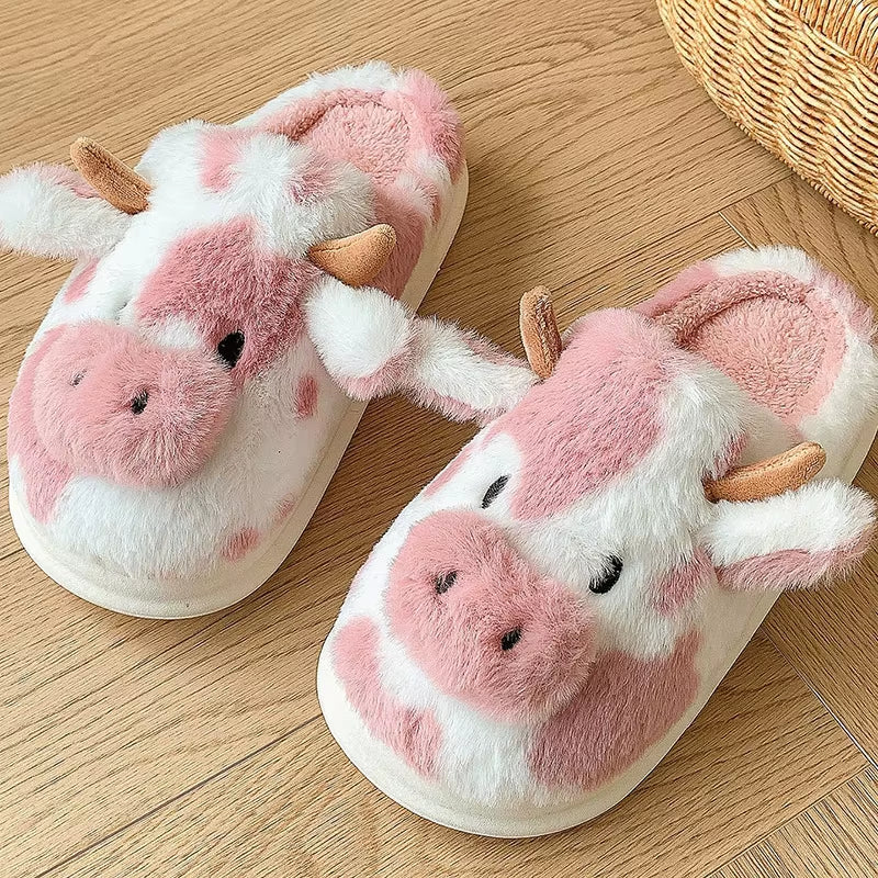 Women'S Winter Warm Cartoon Cow Slippers Closed Toe Non Slip Furry House Shoes Women Indoor Bedroom Thick Sole Plush Slippers