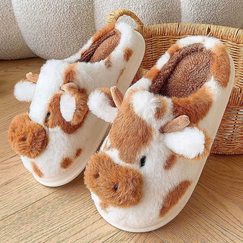 Women'S Winter Warm Cartoon Cow Slippers Closed Toe Non Slip Furry House Shoes Women Indoor Bedroom Thick Sole Plush Slippers