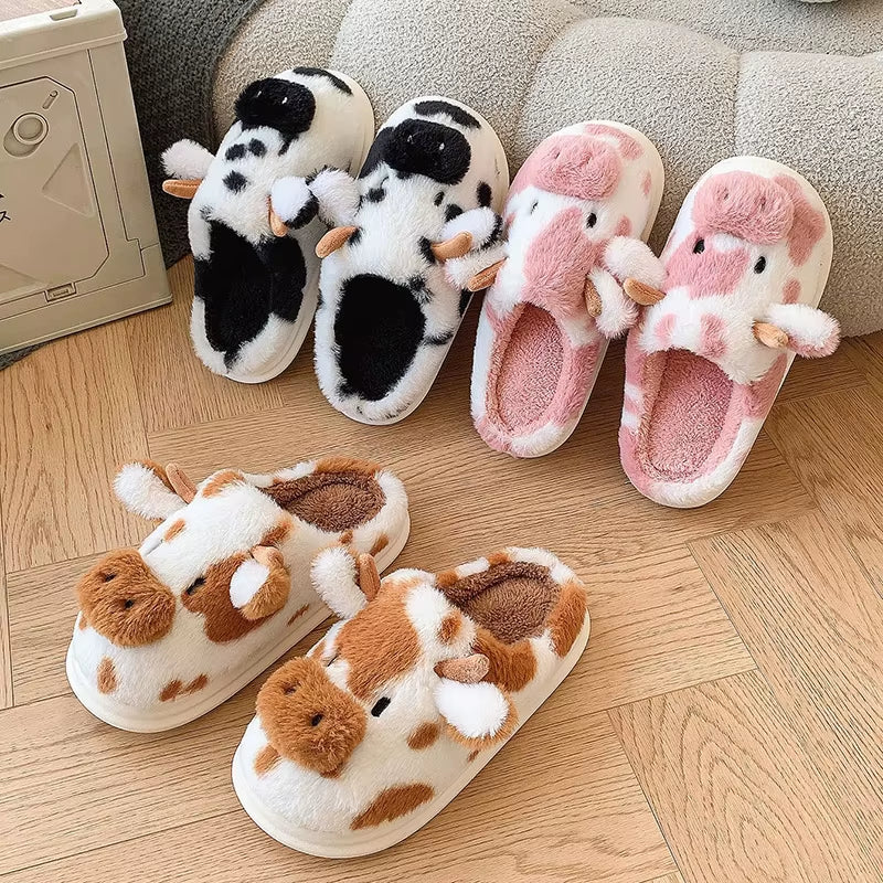 Women'S Winter Warm Cartoon Cow Slippers Closed Toe Non Slip Furry House Shoes Women Indoor Bedroom Thick Sole Plush Slippers